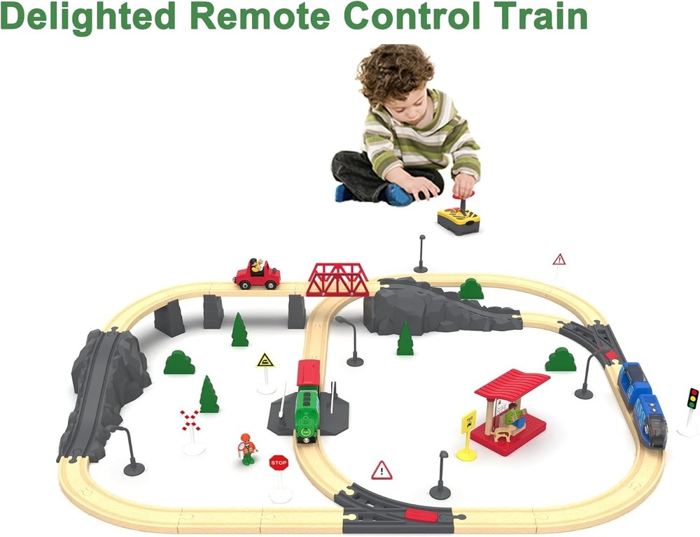 Smart Remote Control Wooden Train Set with Lights & Sounds