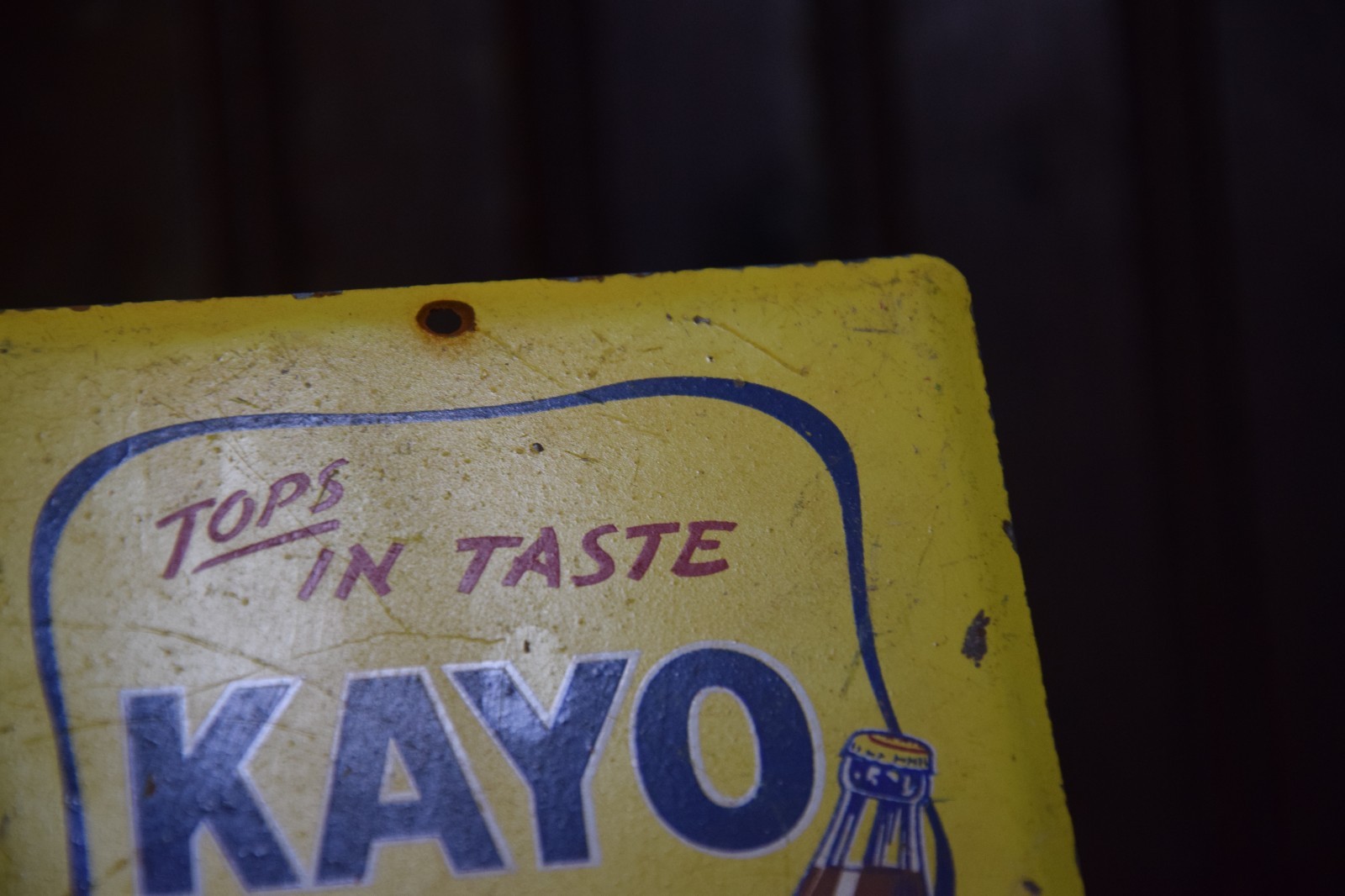KAYO CHOCOLATE DRINK PAINTED METAL SIGN BOTTLE BOWLER MOON MULLINS CIRCA 1950s