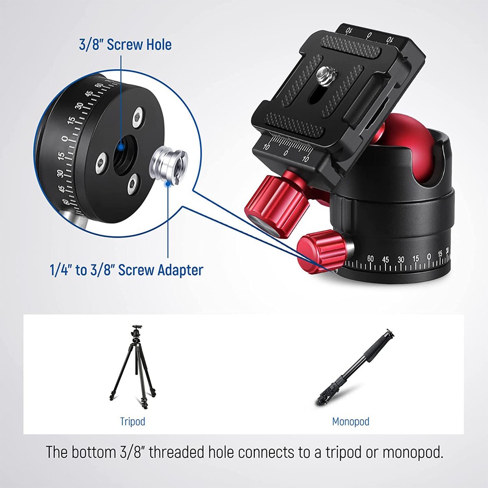 360° Panoramic Ball Head with 1/4”Quick Plate for Tripod Monopod Camera