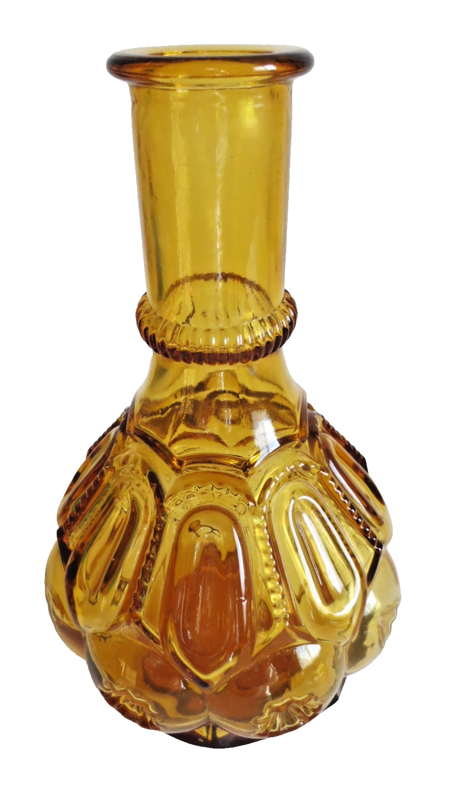 MCM CRYSTAL DECANTER STOPPER AND 5 CORDIAL/SHOT GLASSES AMBER BROWN GLASS VTG