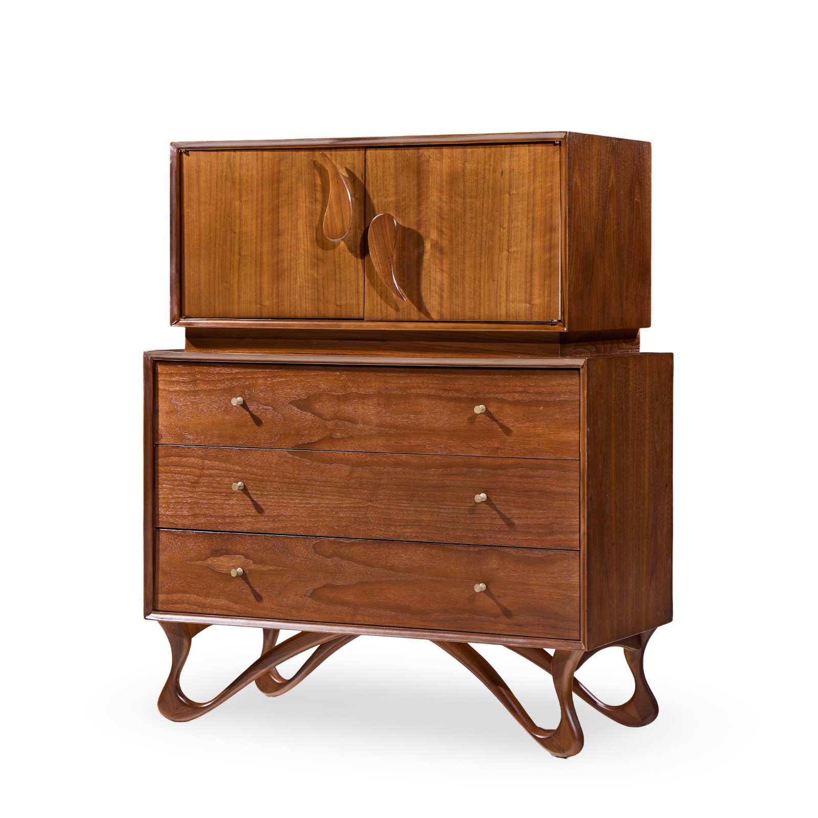 Vladimir Kagan Style Mid Century Sculpted Walnut Highboy Dresser