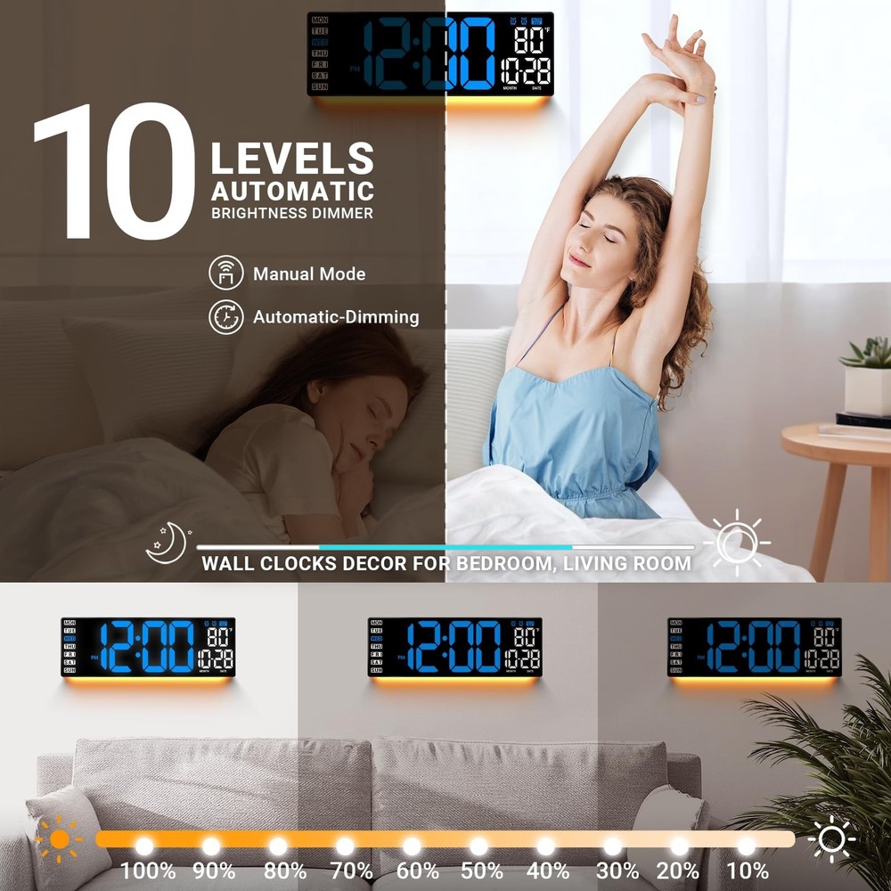 16.5" Large Digital Wall Clock with Remote Control, Auto-Dimming LED Display ...