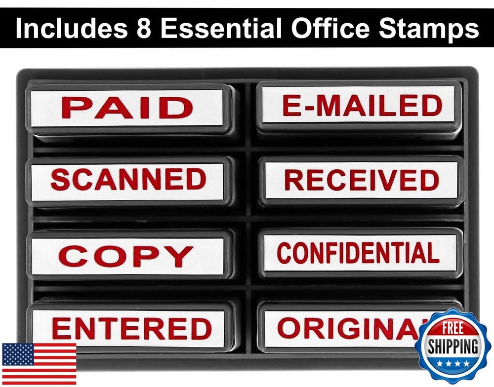 ExcelMark Mini Office Message Rubber Stamp Set - Red Ink - Storage Tray Inclu