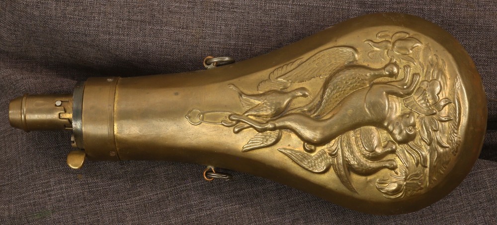 Hanging dead game embossed powder flask