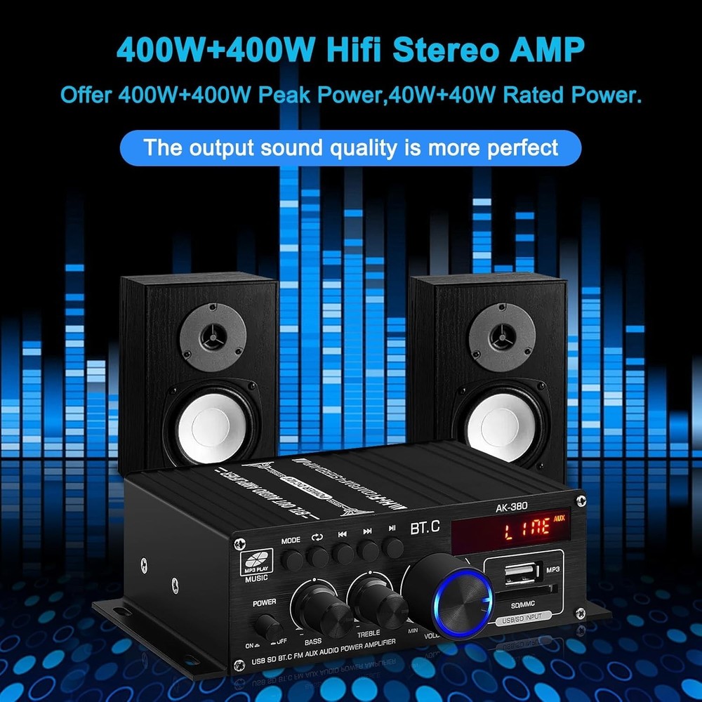 Powerful 2.0 CH AK-380 Bluetooth Amplifier with USB, AUX & Remote Control