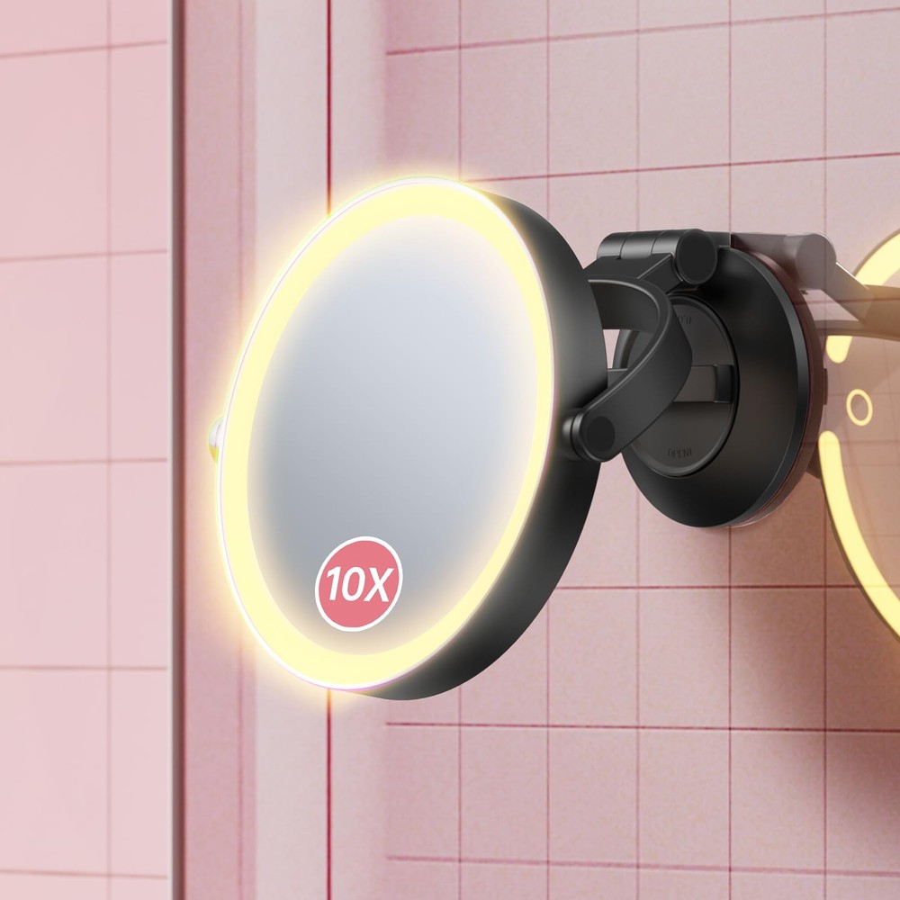 Suction Cup Magnifying Mirror with Light 10X, Wall Mounted Makeup Mirror with