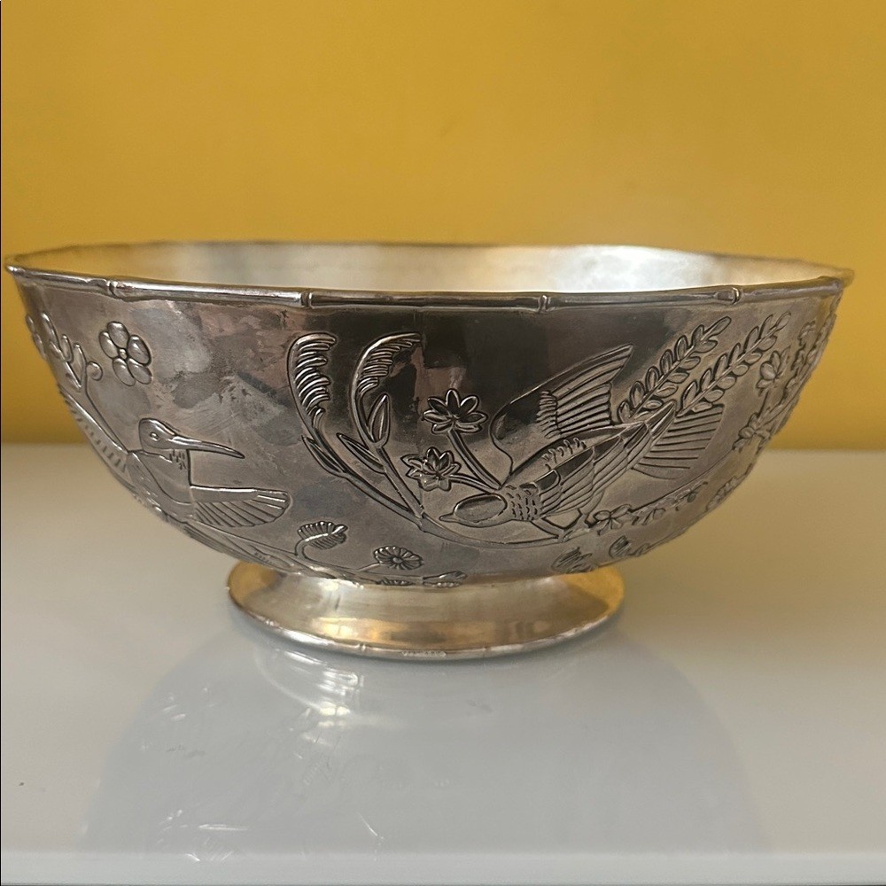 Godinger Silver Plate Decorative Large Fruit Bowl with Flower and Bird Design