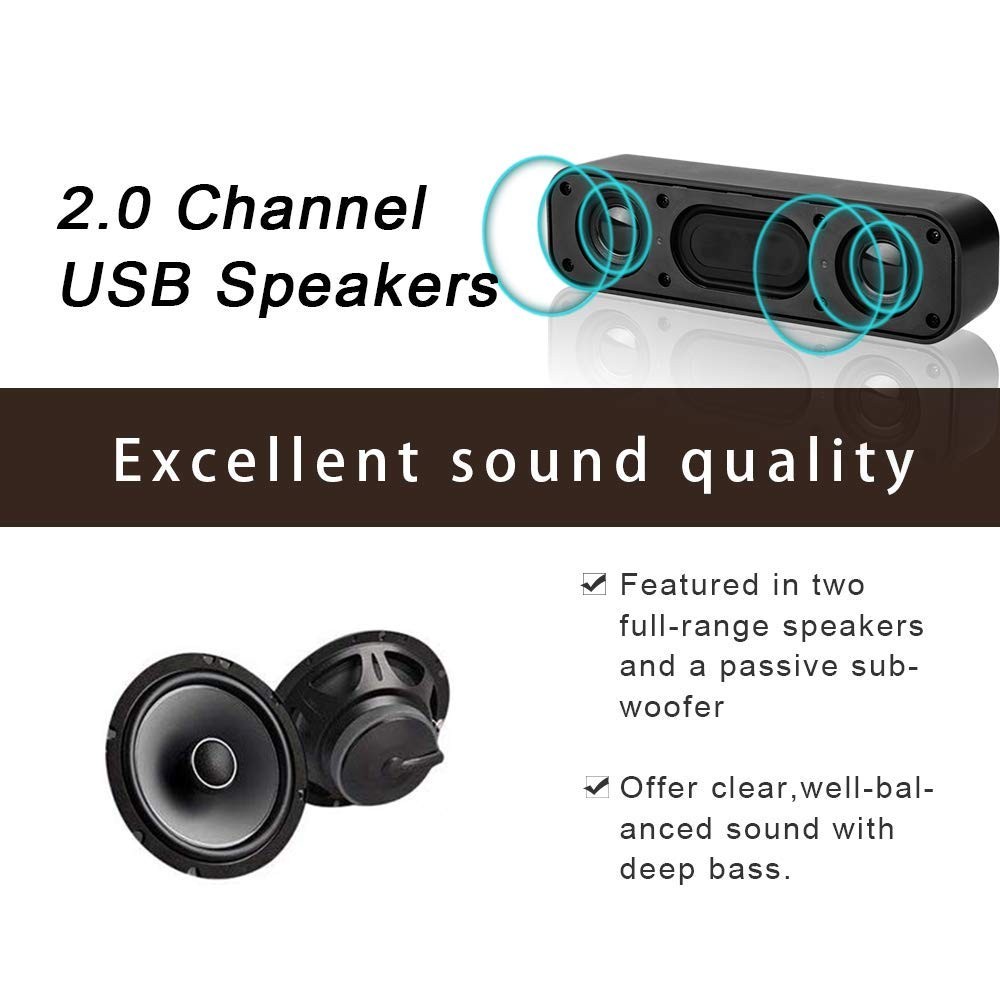 USB Computer Speaker for Desktop, Powered, Plug and Play, B, Black