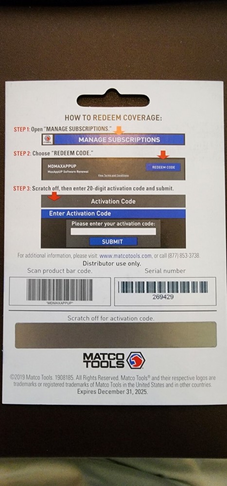 Matco Tools Maximus 3 Update Subscription Card