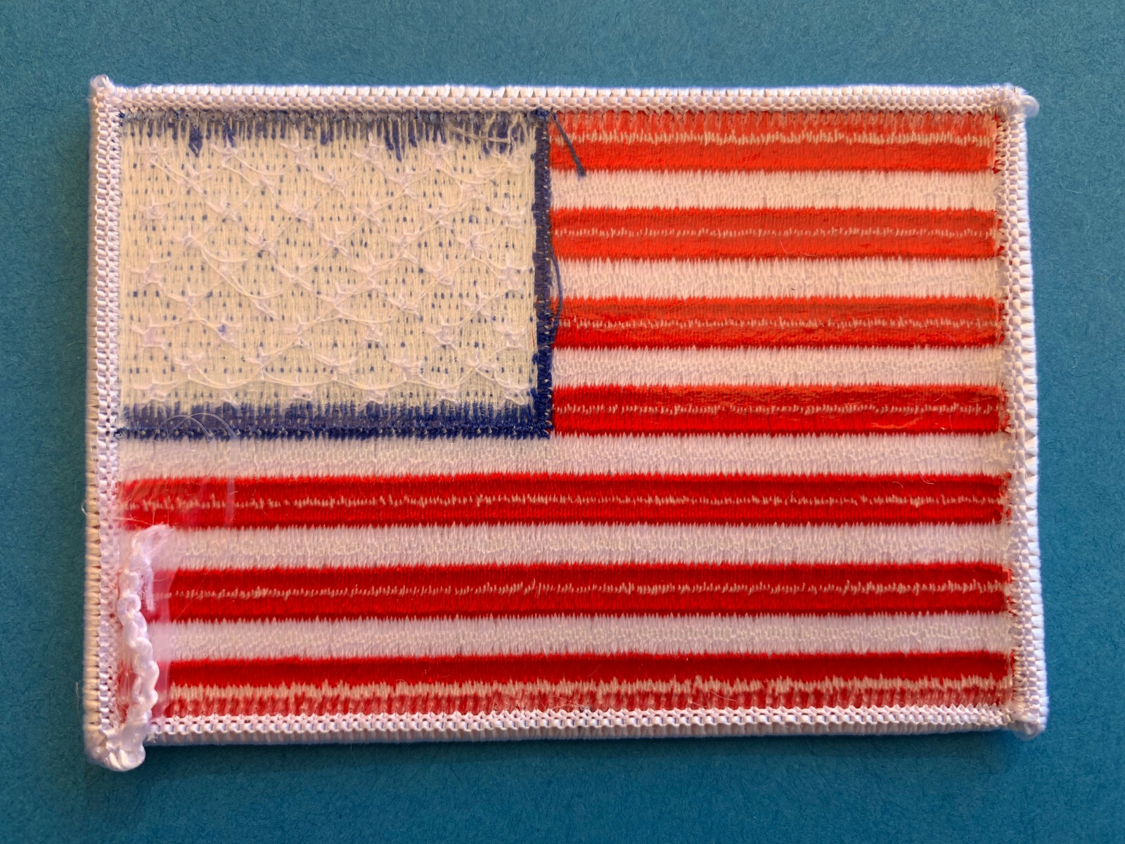 REVERSE USA AMERICAN FLAG PATCH IRON-ON SEW-ON WHITE BORDER (3½ x 2¼”)