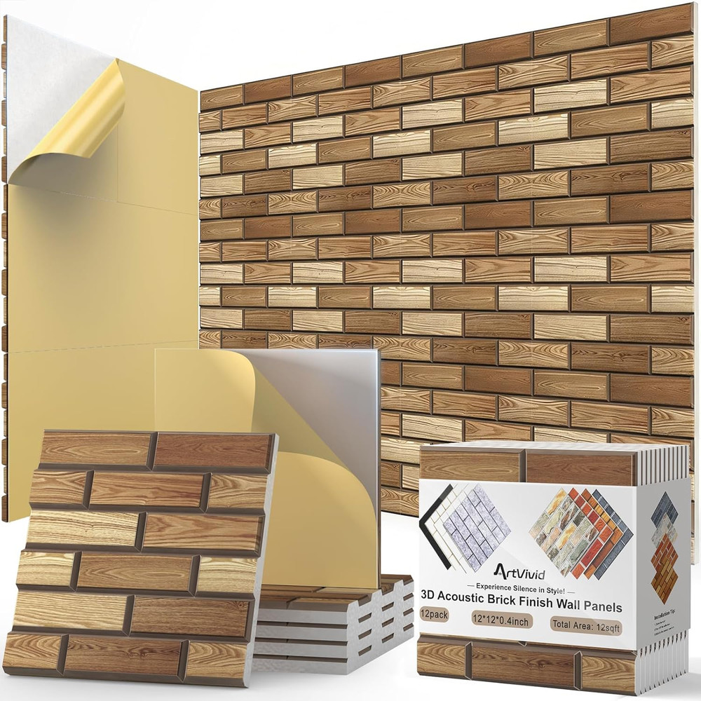 12-Pack 3D Brick Pattern Acoustic Panels, Self-Adhesive Soundproof Foam