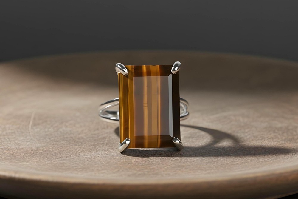 Sterling Silver Tiger Eye Ring Handmade Rectangle Gemstone Lightweight Fit