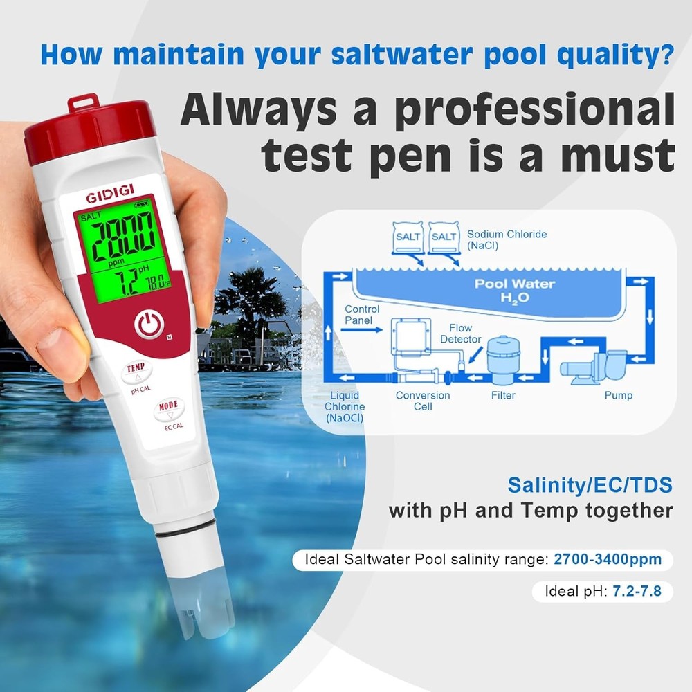 Pool Salt Tester pH Meter New Update Digital pH Tester Salinity Meter with Multi