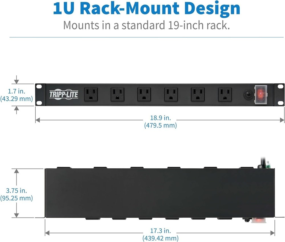 1U Rack Mount Power Strip with 12 Outlets and Right-Angle Plug for Versatile Use