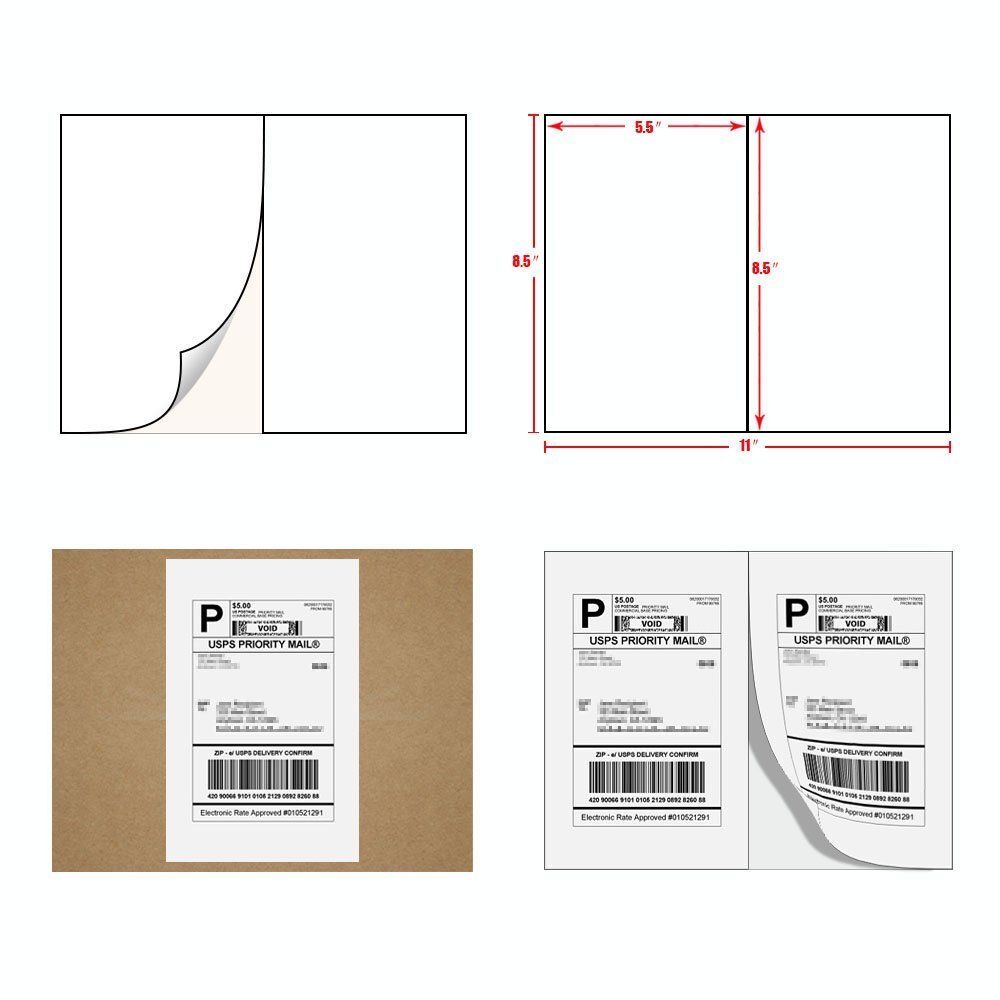 200 - 2000 Half Sheets Shipping Labels 8.5x5.5 Blank Self Adhesive 2 Per Sheet