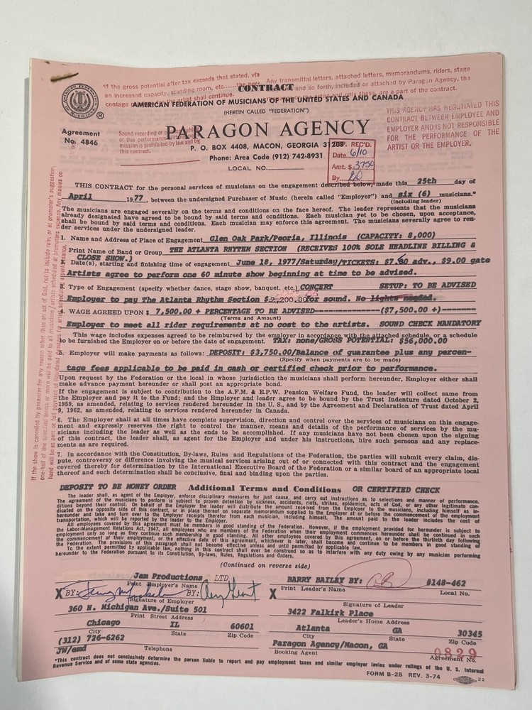 The Atlanta Rhythm Section Concert Contract 1977 Peoria IL