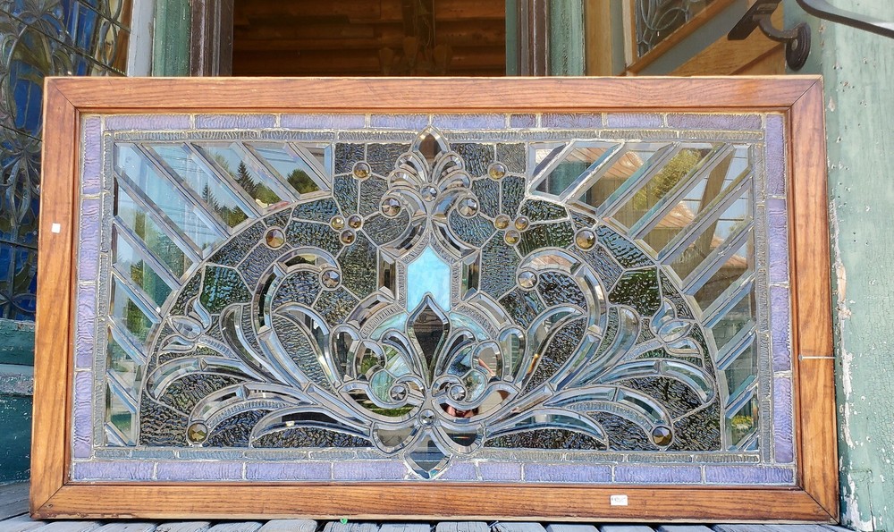 GREAT ANTIQUE STAINED BEVELED GLASS WINDOW
