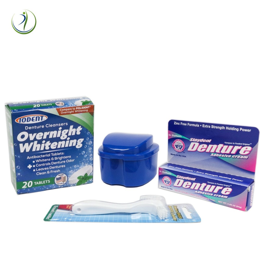 Denture Cleaning Kit Tablet Cleaner Tablets Bath Case Brush Adhesive Cream Scope