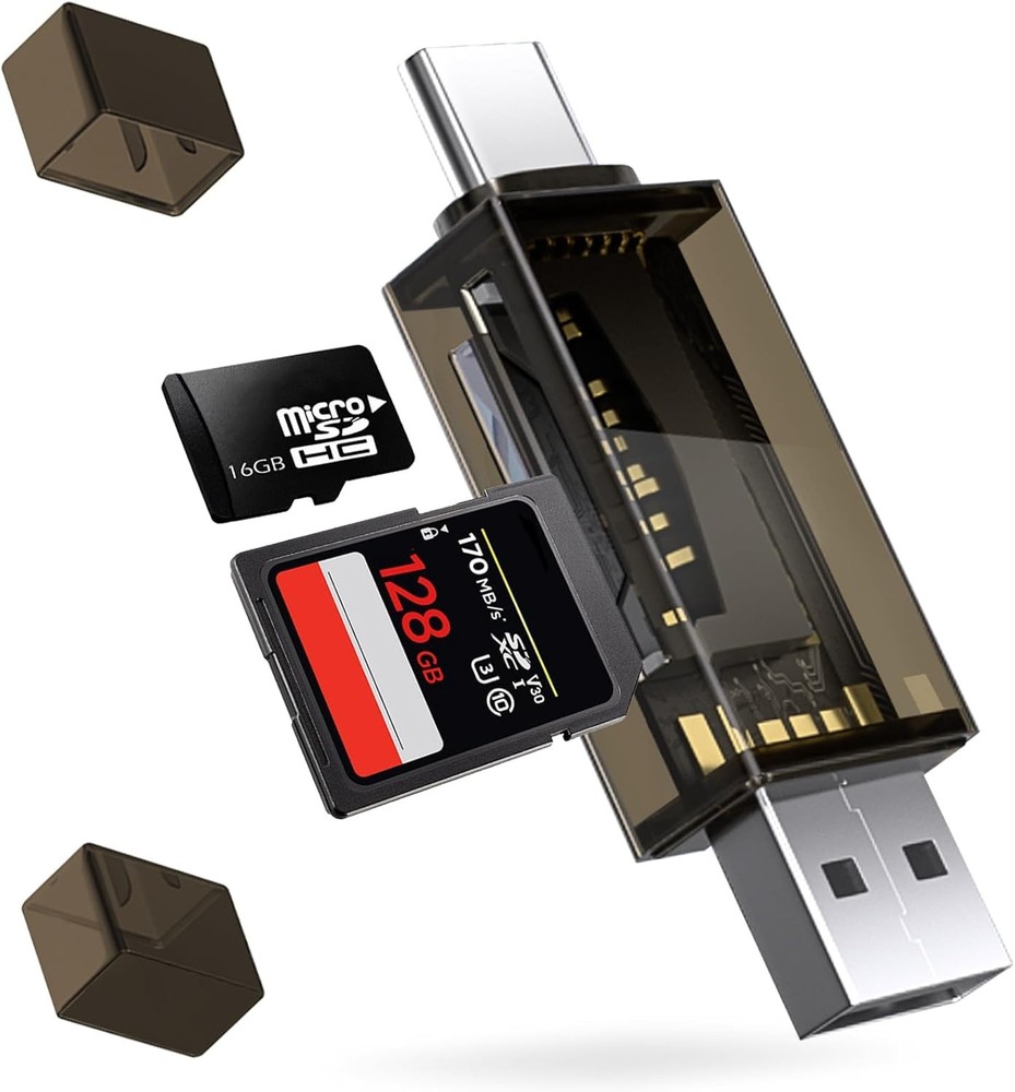 SD Card Reader, QimKero Dual Connector USB 2.0/USB-C Memory CardReader Brown