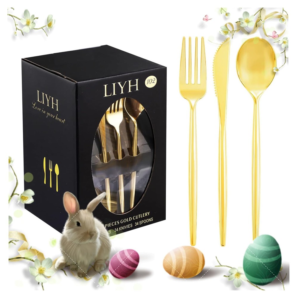 LIYH 102 Pcs Gold Plastic Silverware Disposable, Plastic Gold Utensils Heavyd...