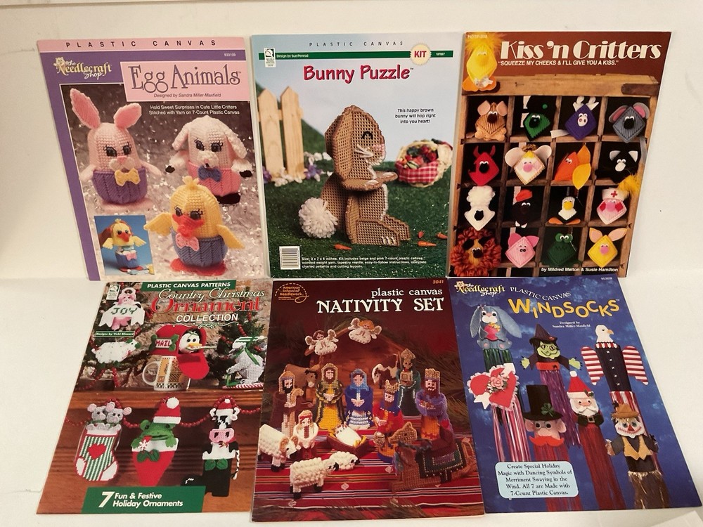 6 Plastic Canvas Pattern Leaflets, Windsocks, Ornaments, Nativity, Critters