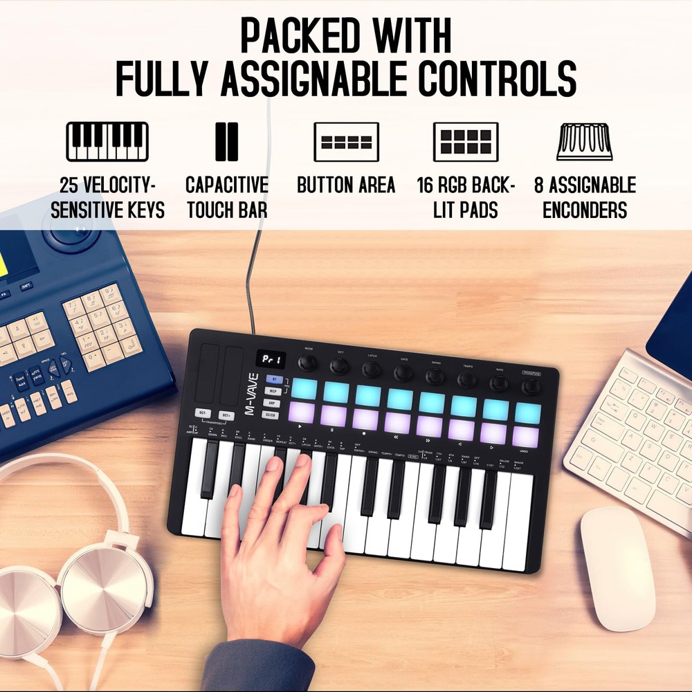 25 Key USB MIDI Keyboard Controller With 16 Backlit Drum Pads, Bluetooth Semi...