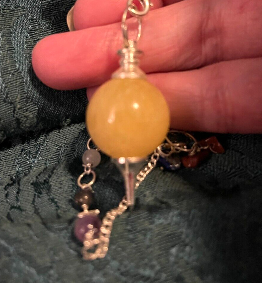 Pendulum - Lemony Yellow Moonstone on 7 Chakra Beaded Chain - Includes Pouch
