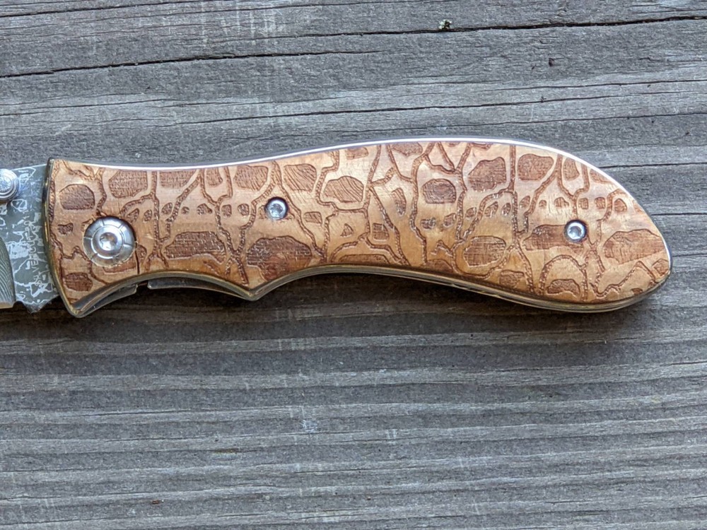Silver Cut Folding Knife Artificial Damascus Blade Engraved Handle Box