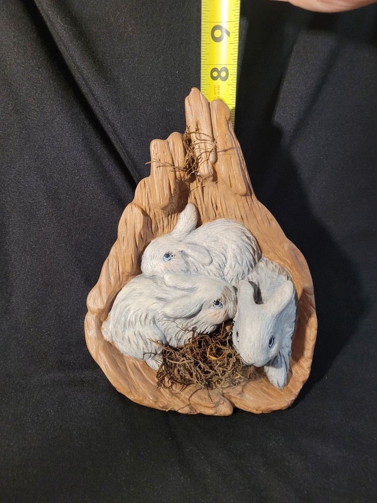 Decorative Ceramic Three Rabits Nestled Within a Tree Stump
