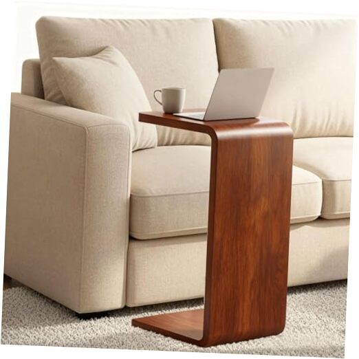 C Shaped End Table for Couch - Wooden Sofa Side Table, Slide Under Walnut