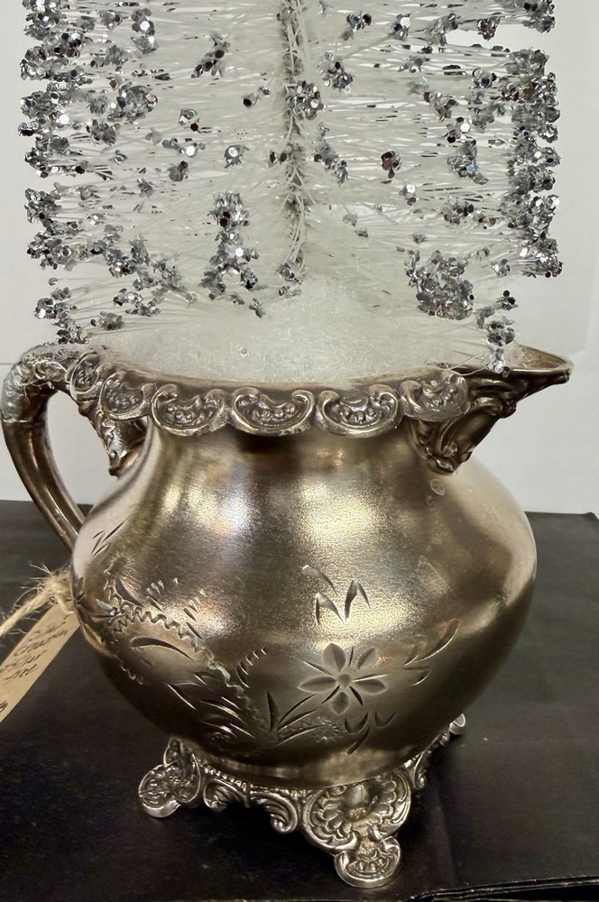 Vintage Silver Creamer With Holiday Bottle Brush Tree - Unique Hostess Gift