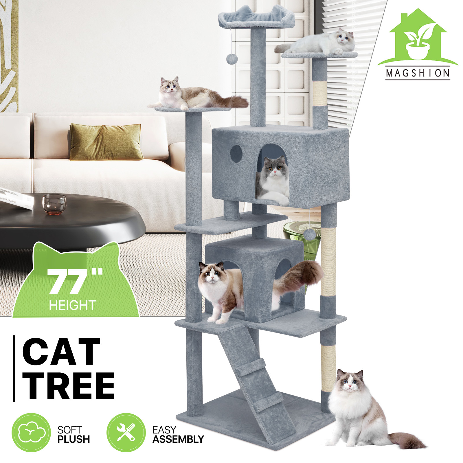 77"Cat Tree Cat Tower Large Kitten Playing  House Condo Scratching Post for Rest