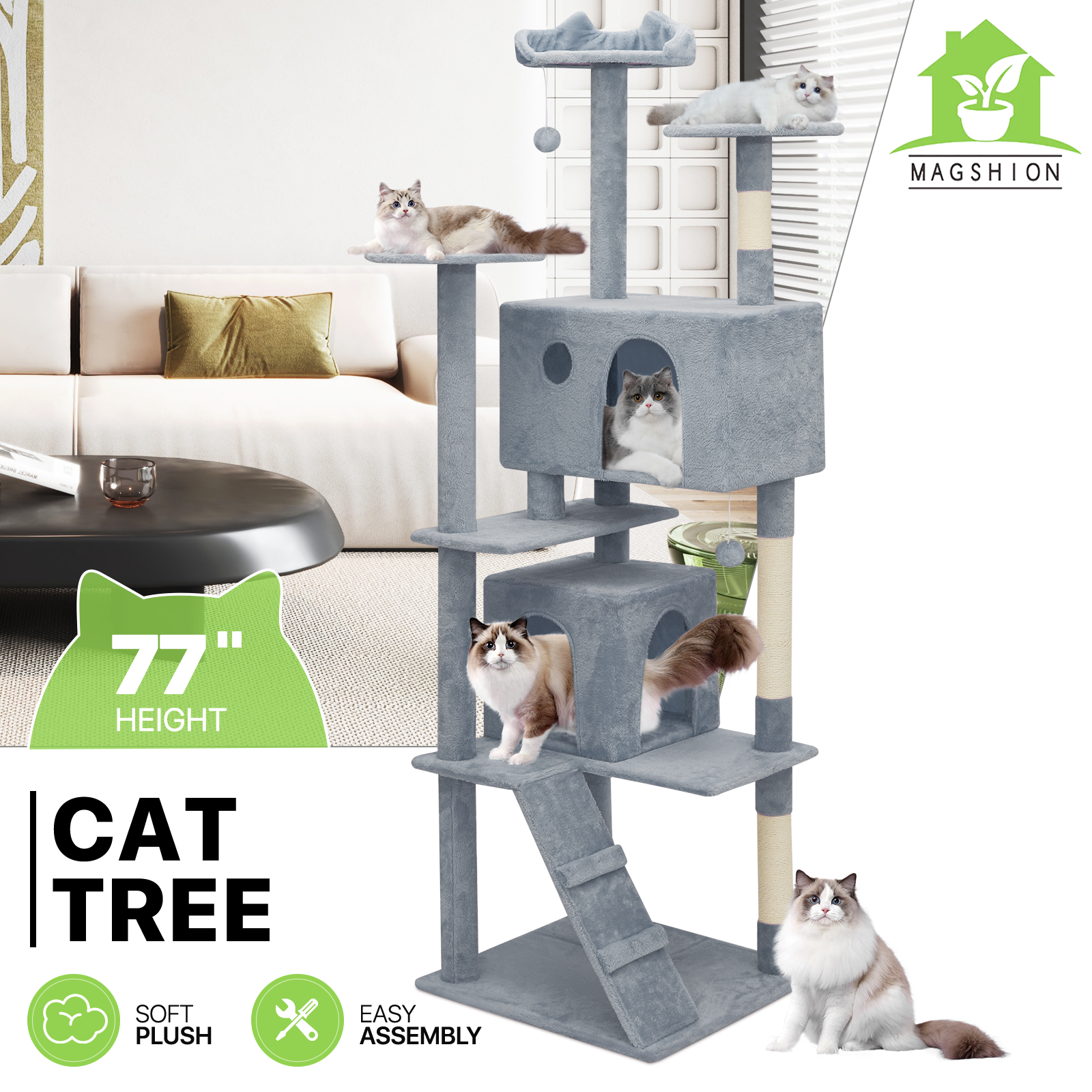 77"Cat Tree Cat Tower Large Kitten Playing House Condo Scratching Post for Rest