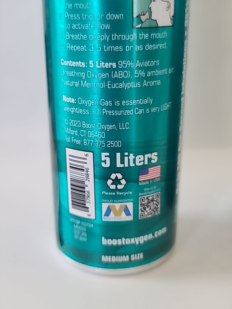 ( 2 ) BOOST OXYGEN 95% Pure Oxygen, Menthol-Eucalyptus, 5 L, MEDIUM Unit
