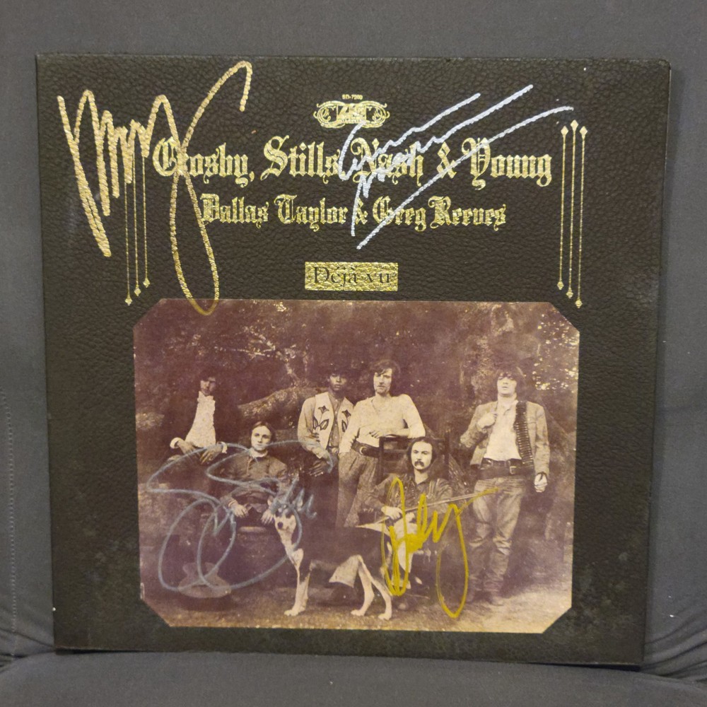 Crosby Stills Nash & Young signed lp Deja Vu, 4 members, Original, Vintage, Grea