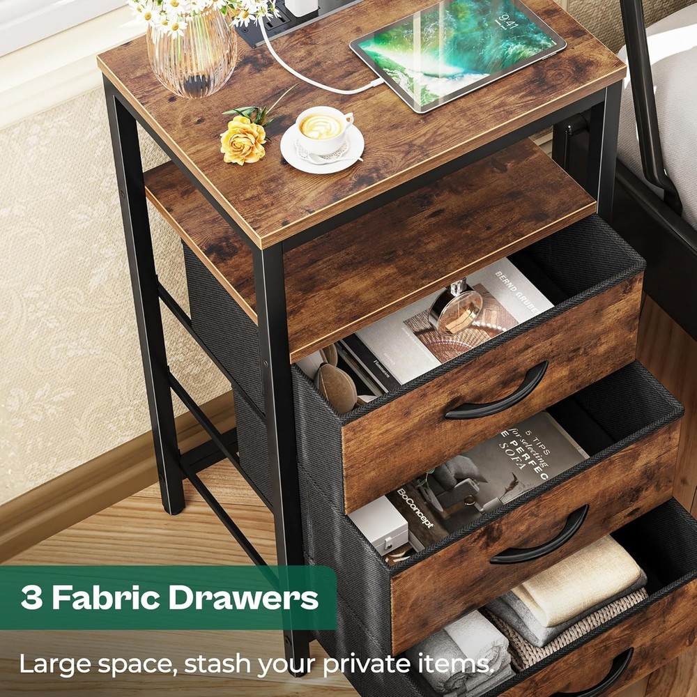 Stylish Bedside Table with Charging Outlet & Ample Storage - Rustic Brown Finish