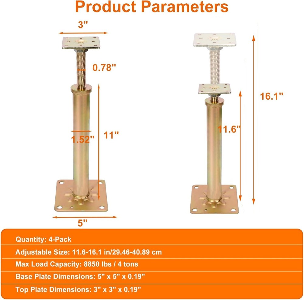 4Pack House Floor Jacks Post Pole for Leveling Adjustable Lift Support Jack Post