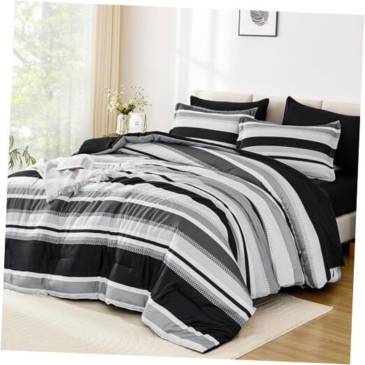 Size Comforter 7 Pieces Comforter Set with Sheets, Boho Striped Queen Black