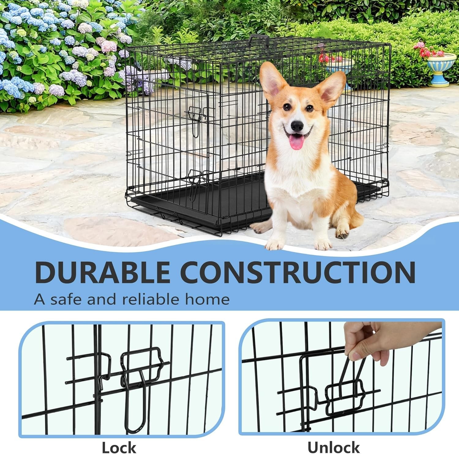30in Dog Crate Double Door Folding Metal Wire Cage Divider Tray Medium Black