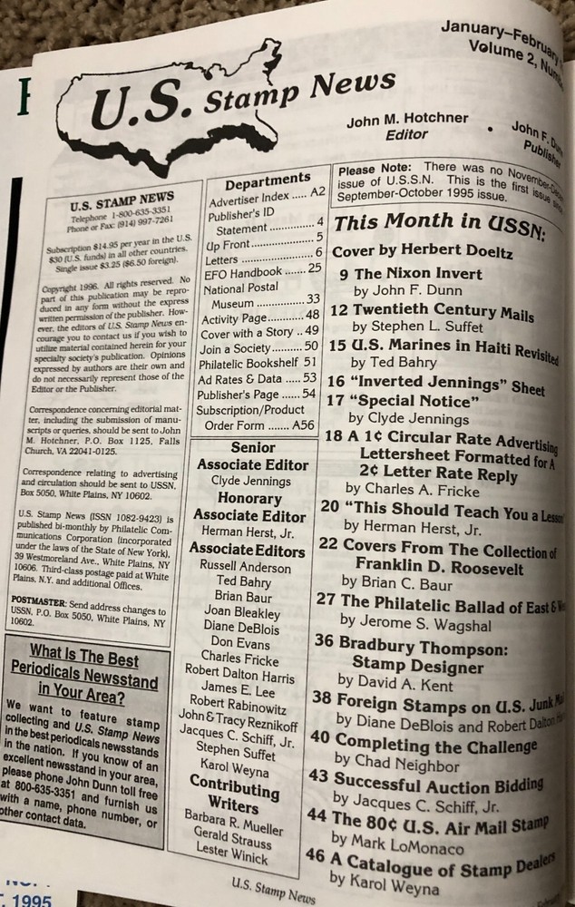 U.S. Stamps News 1996 Magazine 2 Issues Vol. 2 No. 1 , 2 - error on Vol on No 2