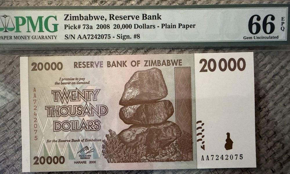 ✨ Zimbabwe 2008 20,000 Dollars — APMG Gem Uncirculated ✨