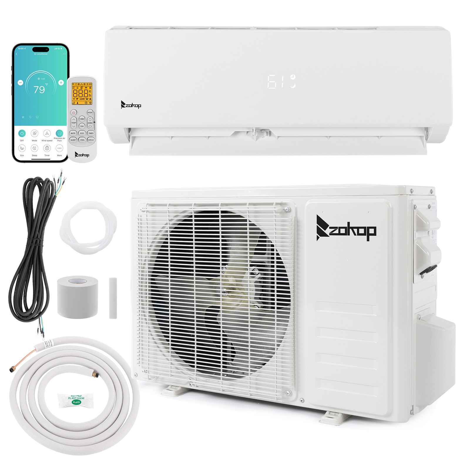 ZOKOP 9,000 - 24,000 BTU Ductless Mini Split Air Conditioner Inverter Heat WIFI