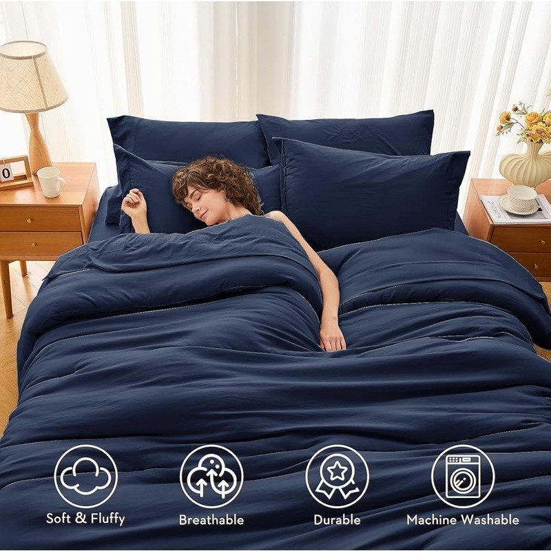 Queen Comforter Set Ultra Soft Microfiber 7 Piece Bedding Down Alternative Navy