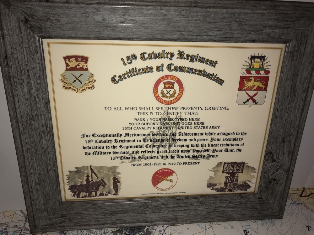 15TH U.S. CAVALRY REGIMENT / COMMEMORATIVE - CERTIFICATE OF COMMENDATION