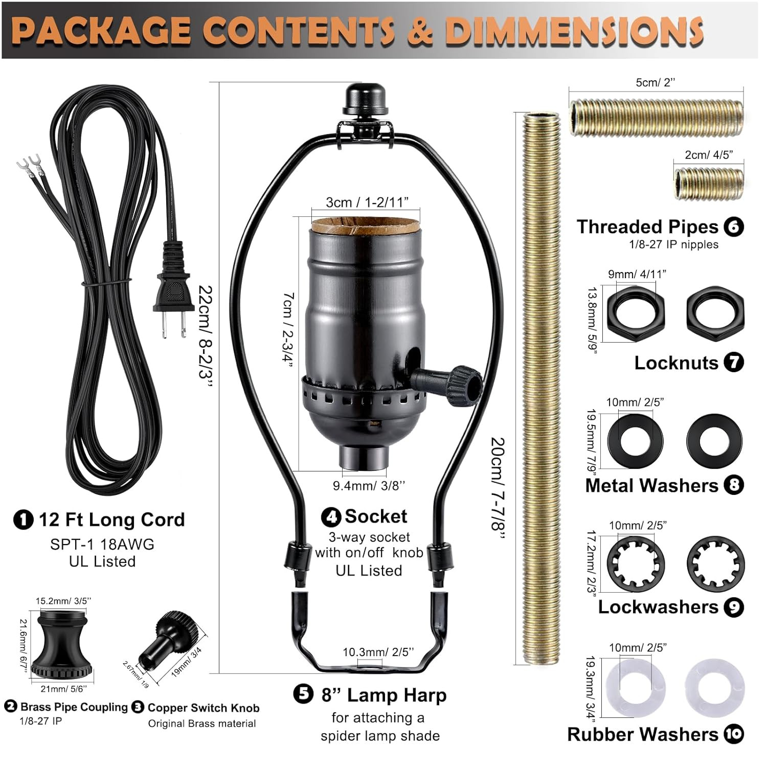 Lamp Making Kit,Make a Lamp or Repair Kit,3-Way Lamp Socket with Matching Cord L
