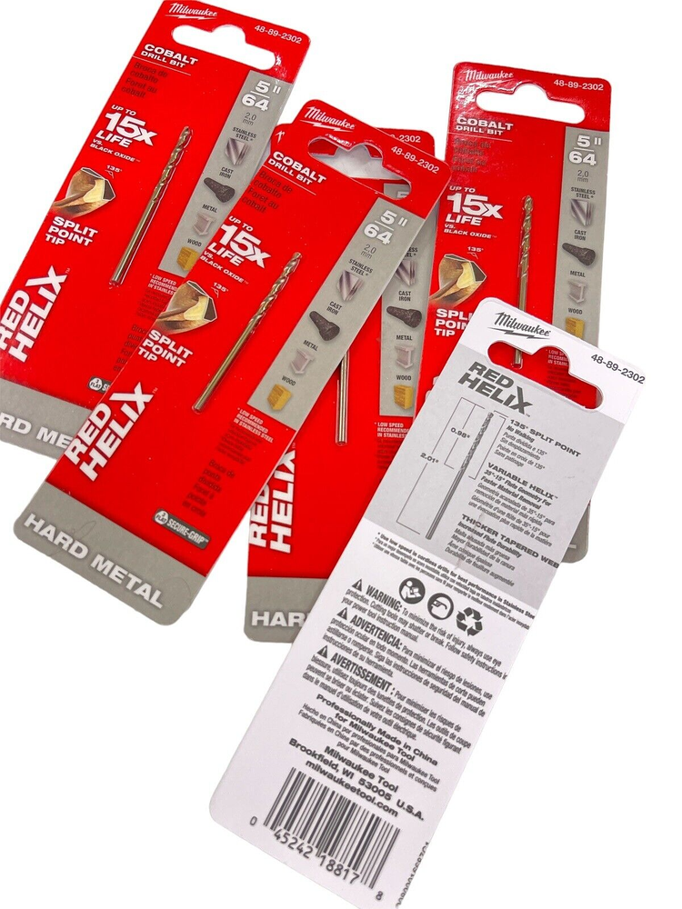 5 Pack Milwaukee 5/64” Cobalt Drill Bits Red Helix Split Point Tips 48-89-2302