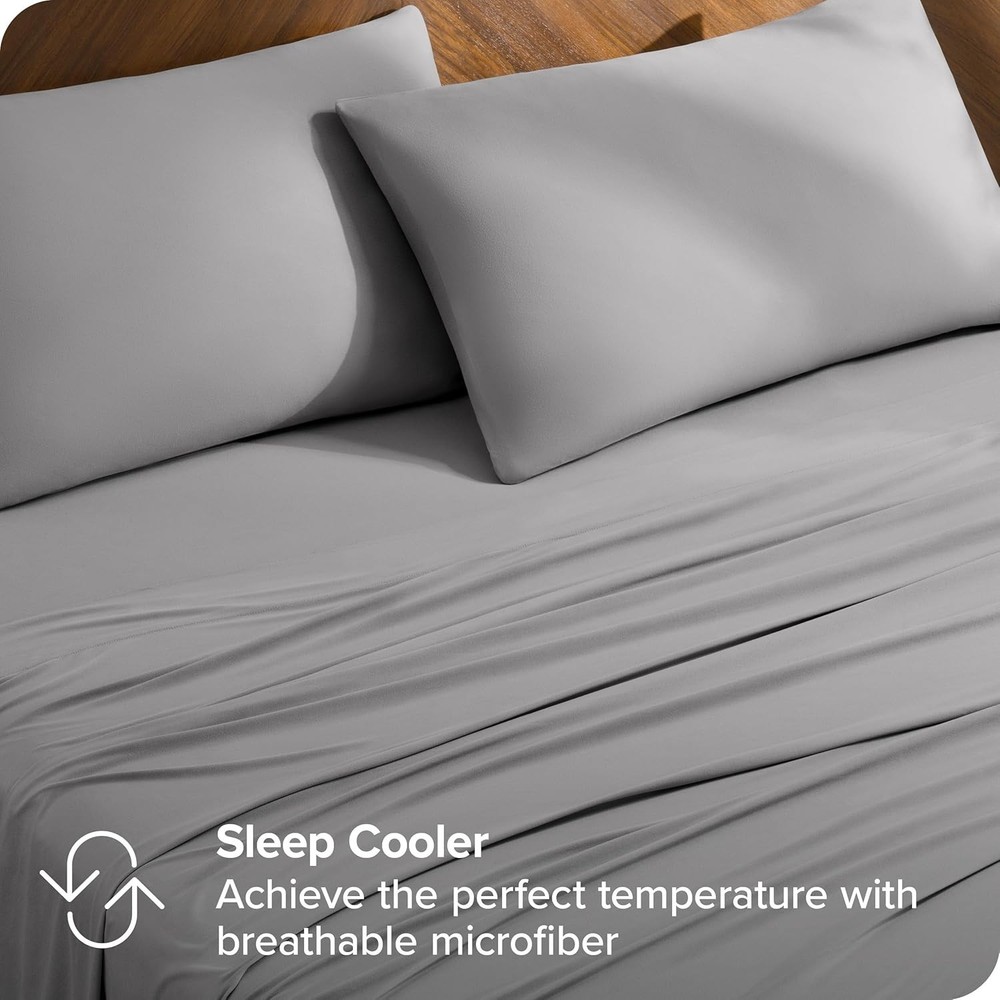 Light Grey Microfiber Bed Sheets Set with Cooling Envelope Pillowcases