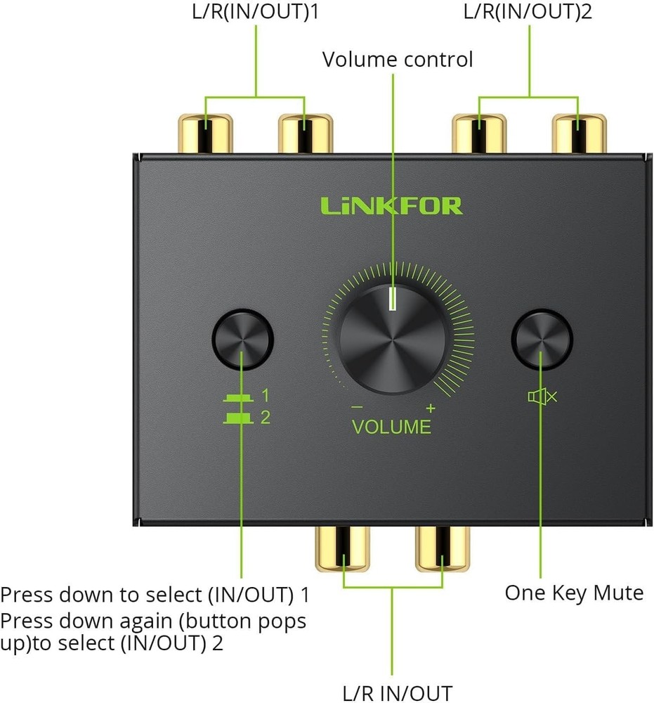 High-Quality RCA Stereo Switch with Built-In Volume Control & Simple Setup