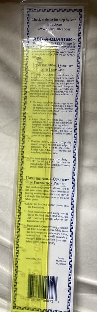 Add-A-Quarter™ - 12" Ruler - 1/4" Lip - Simplifies Foundation & Template Piecing