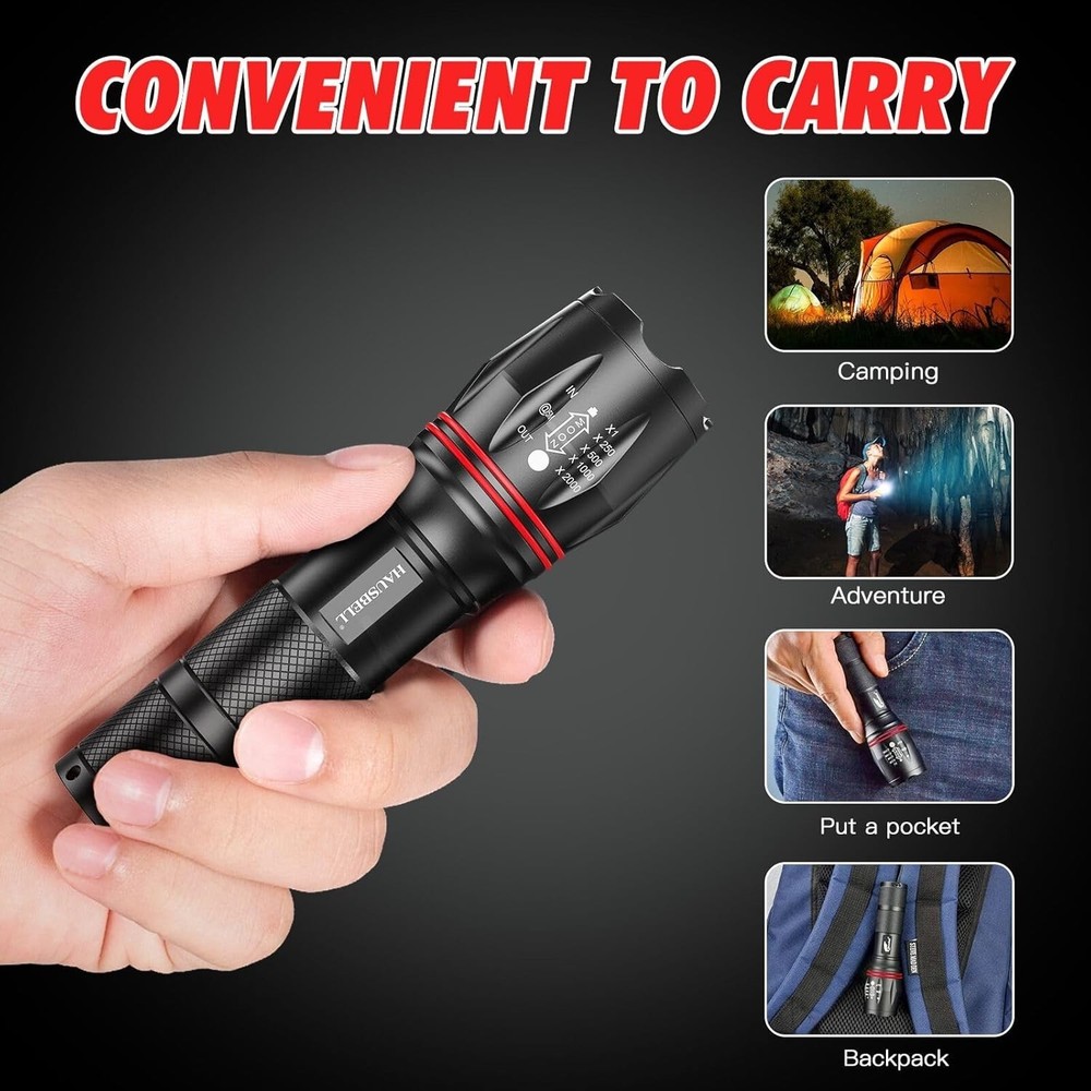 2 LED Flashlights Tactical Super Bright Zoomable Waterproof 5 Modes Torch Work